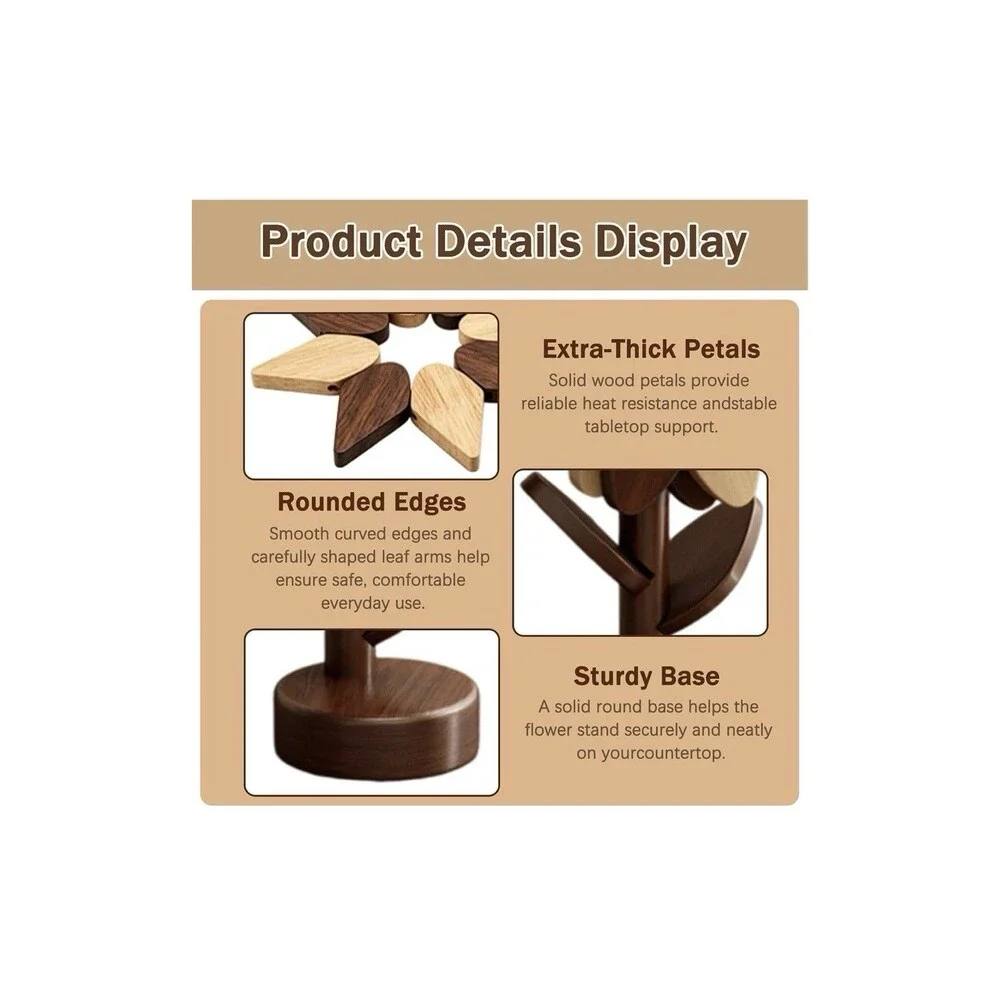 Wooden Trivets for Hot Dishes 3 Pc Foldable Sunflower Coaster Set w/ Stand